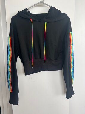 Black Cropped Hoodie with Rainbow